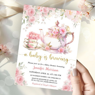 A Baby Is Brewing Tea Baby Shower Girl Pink Floral Invitation