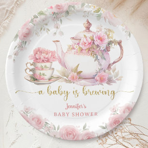 A Baby Is Brewing Tea Baby Shower Pink Floral Paper Plates