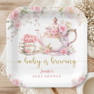 A Baby Is Brewing Tea Baby Shower Pink Floral Paper Plates