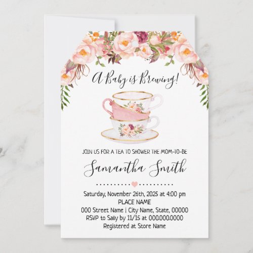 A Baby is brewing tea baby shower pink invitation