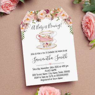 A Baby is brewing tea baby shower pink invitation