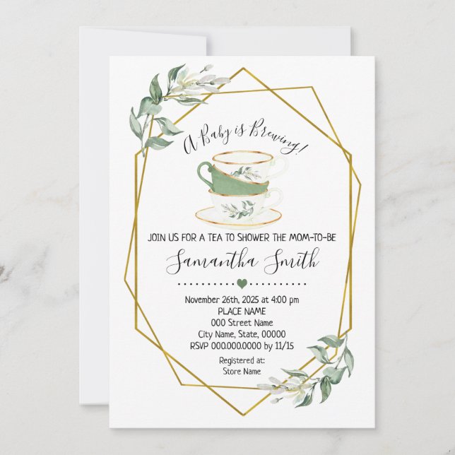 A Baby is brewing tea greenery shower invitation (Front)