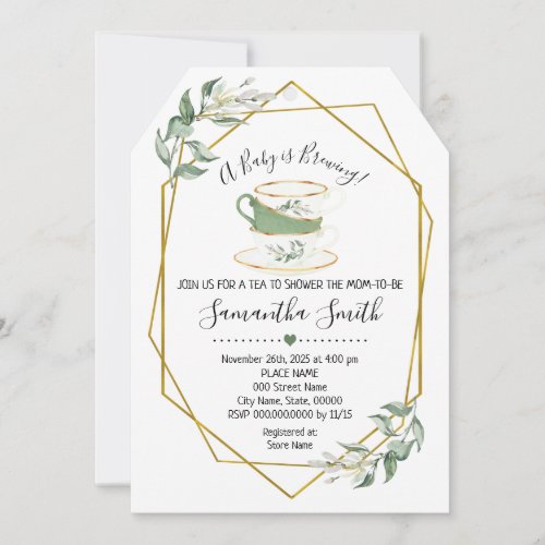 A Baby is brewing tea greenery shower invitation