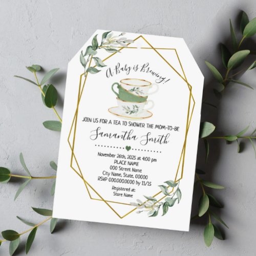 A Baby is brewing tea greenery shower invitation