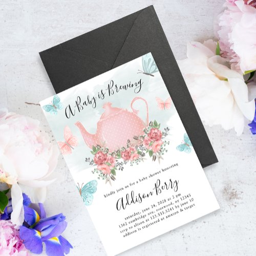 A Baby is Brewing Tea Party and Butterfly Shower Invitation