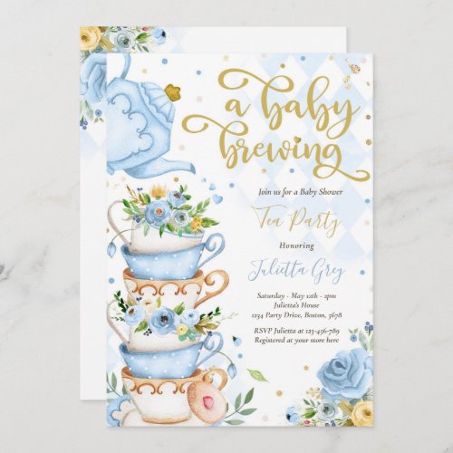 A Baby Is Brewing Tea Party Baby Shower Blue Roses Invitation