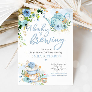 A Baby Is Brewing Tea Party Baby Shower Blue Roses Invitation