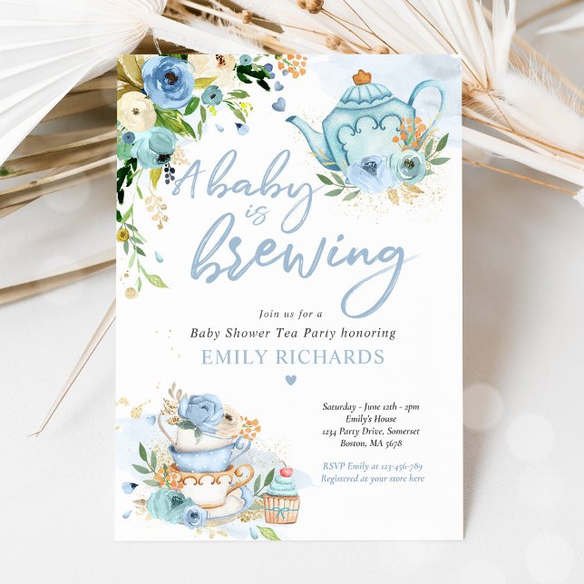 A Baby Is Brewing Tea Party Baby Shower Blue Roses Invitation (Creator Uploaded)