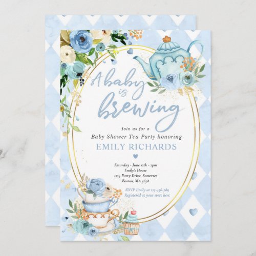 A Baby Is Brewing Tea Party Baby Shower Blue Roses Invitation