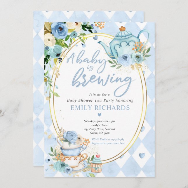 A Baby Is Brewing Tea Party Baby Shower Blue Roses Invitation (Front/Back)