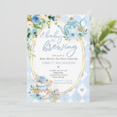A Baby Is Brewing Tea Party Baby Shower Blue Roses Invitation (Standing Front)