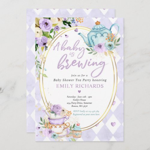 A Baby Is Brewing Tea Party Baby Shower Lilac Rose Invitation