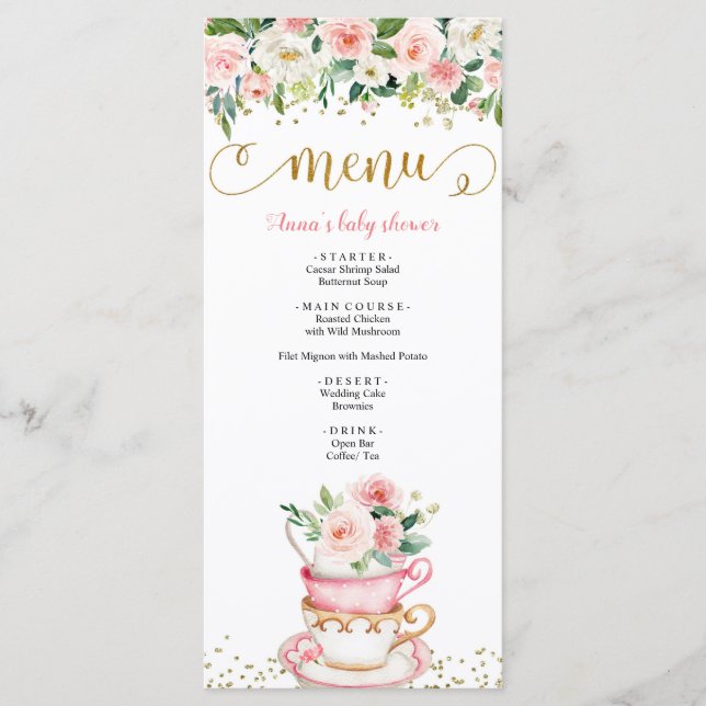 A Baby is Brewing Tea Party Baby Shower Menu (Front)