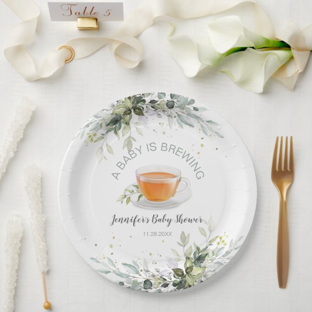 A baby is brewing Tea Party Baby Shower Paper Plates (Wedding)