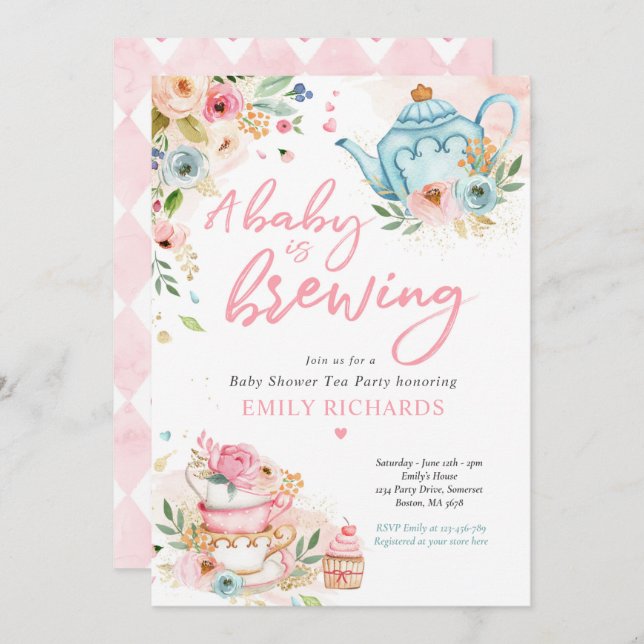 A Baby Is Brewing Tea Party Baby Shower Pink Roses Invitation (Front/Back)