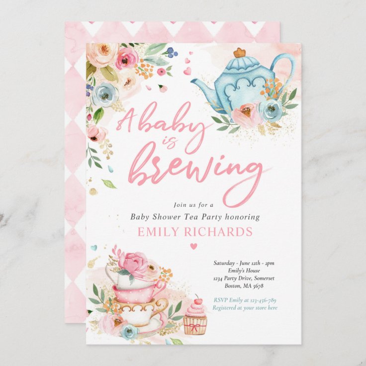 A Baby Is Brewing Tea Party Baby Shower Pink Roses Invitation | Zazzle