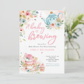 A Baby Is Brewing Tea Party Baby Shower Pink Roses Invitation (Standing Front)