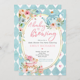 A Baby Is Brewing Tea Party Baby Shower Pink Roses Invitation