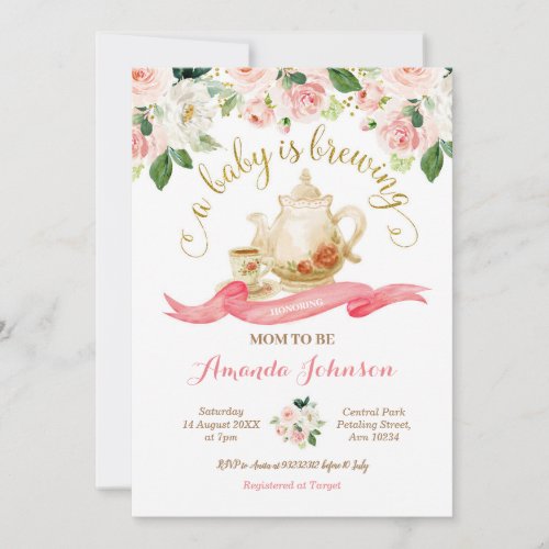 A Baby is Brewing Tea Party Baby Shower Pink Roses Invitation