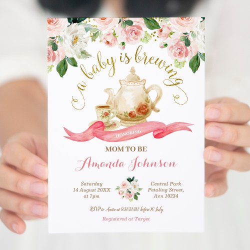 A Baby is Brewing Tea Party Baby Shower Pink Roses Invitation