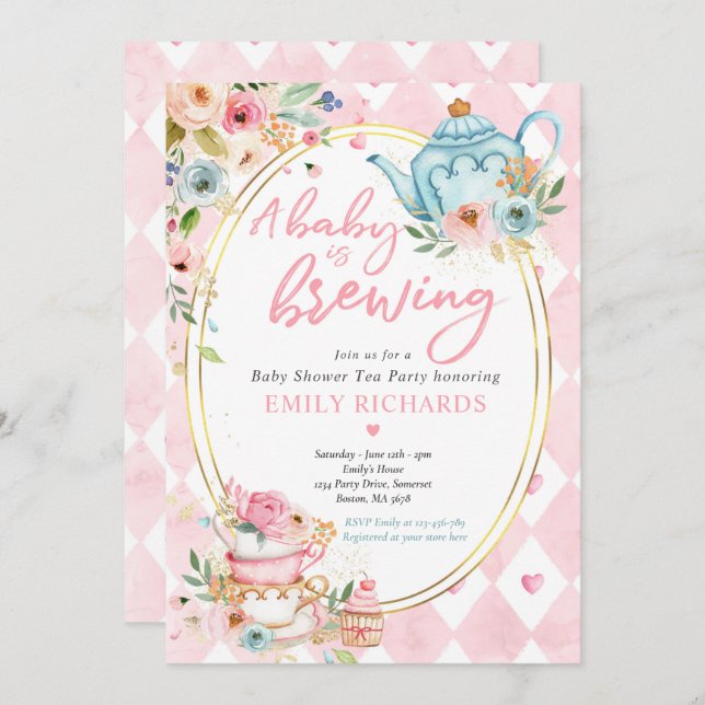 A Baby Is Brewing Tea Party Baby Shower Pink Roses Invitation (Front/Back)