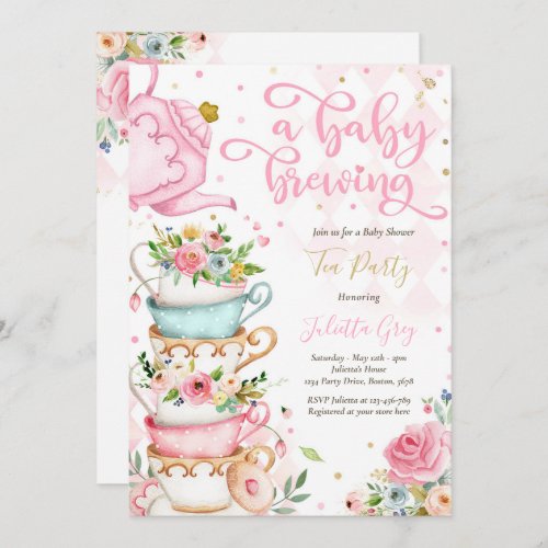 A Baby Is Brewing Tea Party Baby Shower Pink Roses Invitation