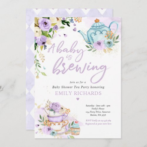 A Baby Is Brewing Tea Party Baby Shower Purple Invitation