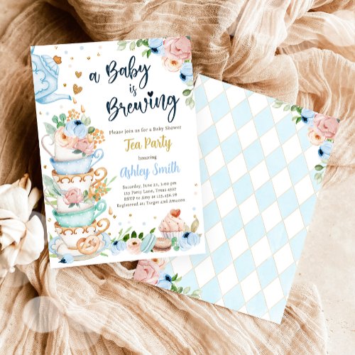 A Baby is Brewing Tea Party Blue Baby Shower Invitation