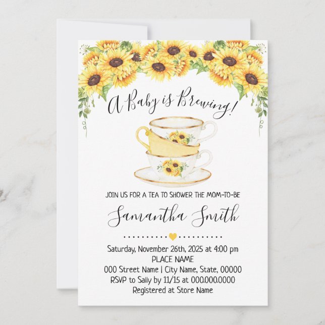 A Baby is brewing tea sunflowers shower invitation (Front)