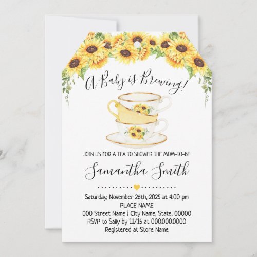 A Baby is brewing tea sunflowers shower invitation
