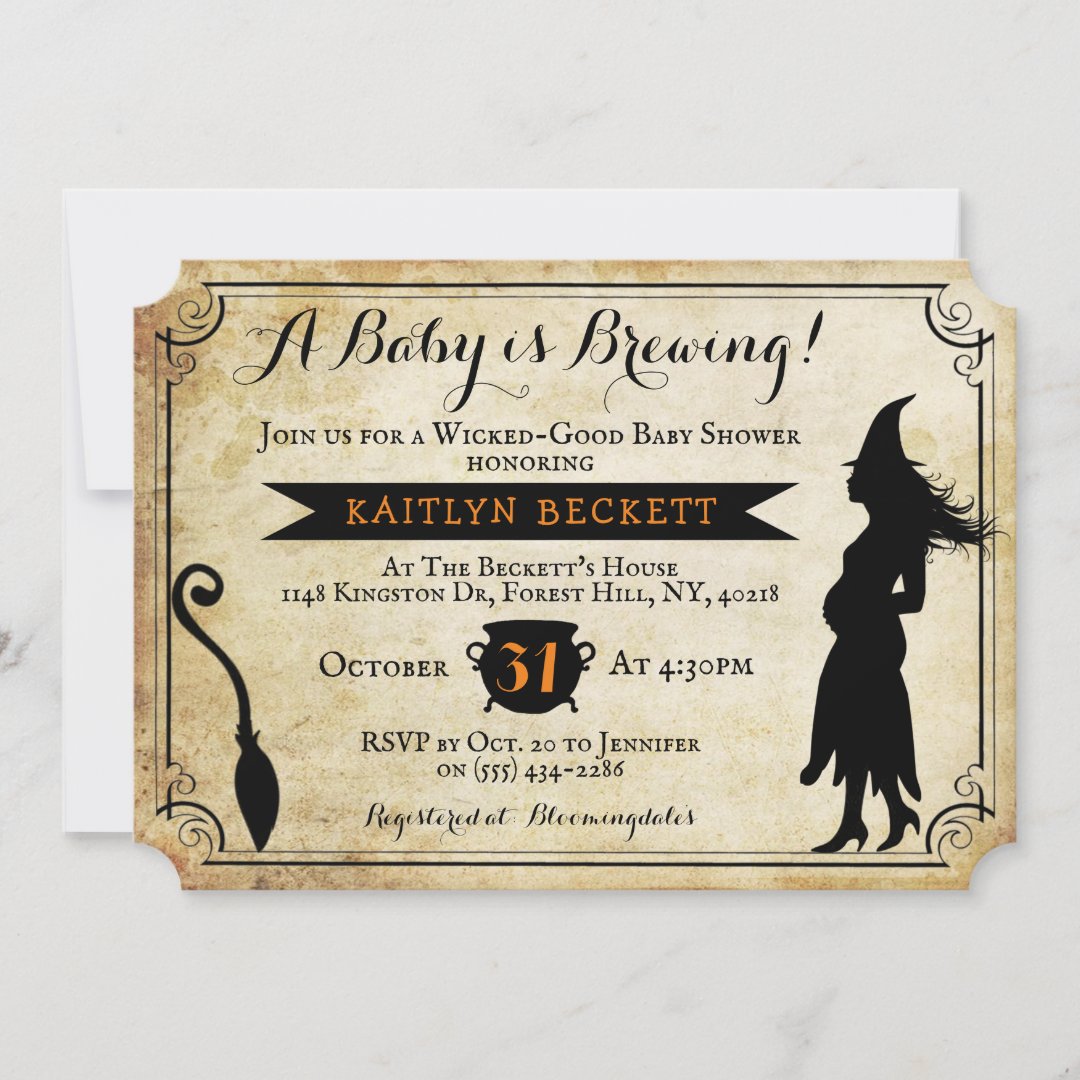 "A Baby Is Brewing" Vintage Halloween Baby Shower Invitation Zazzle