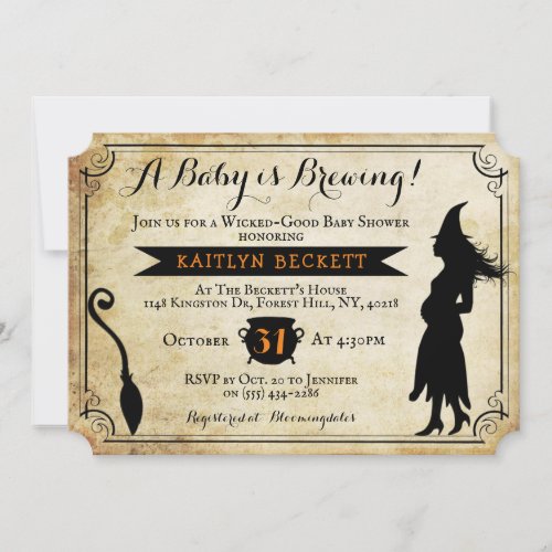 A Baby Is Brewing Vintage Halloween Baby Shower Invitation