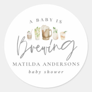 A baby is brewing watercolour beer baby shower ann classic round sticker