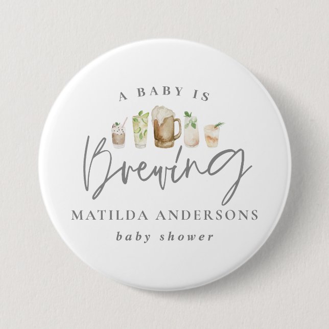 A baby is brewing watercolour beer baby shower button (Front)
