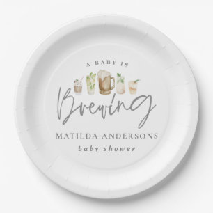 A baby is brewing watercolour beer baby shower paper plates