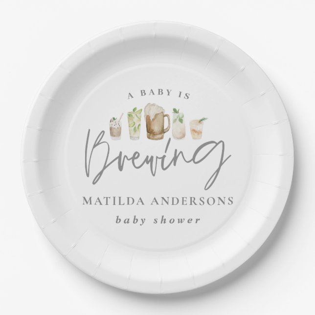A baby is brewing watercolour beer baby shower paper plates (Front)