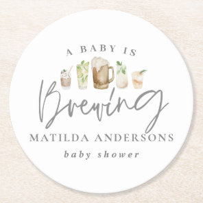A baby is brewing watercolour beer baby shower  round paper coaster