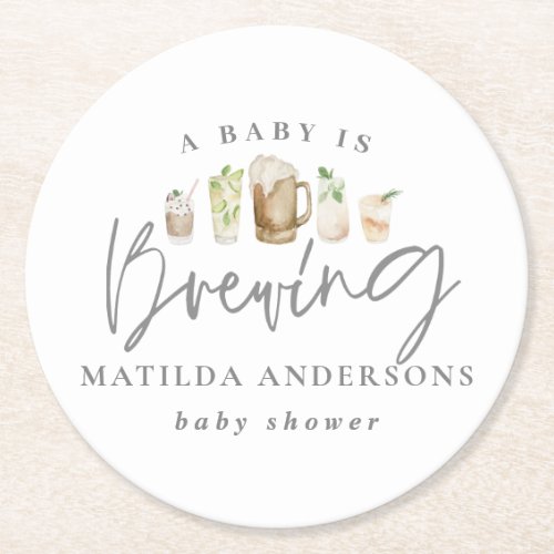 A baby is brewing watercolour beer baby shower  round paper coaster