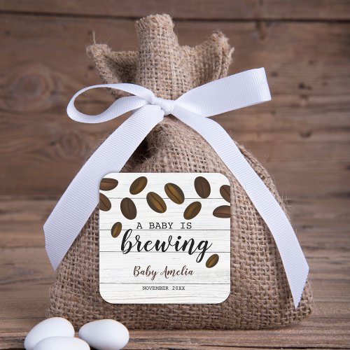 A Baby Is Brewing White Wood Coffee Baby Shower   Square Sticker