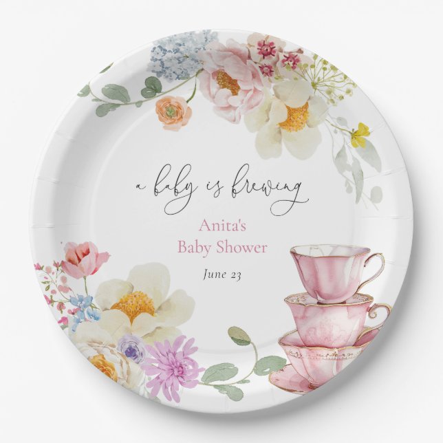 A Baby is Brewing Wildflower Tea Baby Shower Paper Plates (Front)