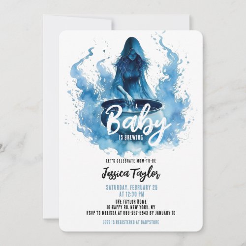 A Baby is Brewing Witch Cauldron Blue Baby Shower Invitation