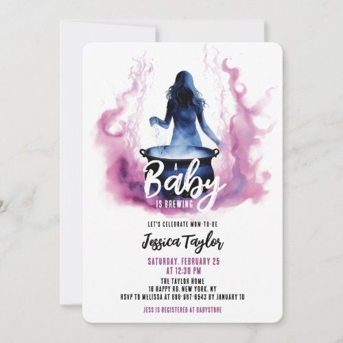 A Baby is Brewing Witch Cauldron Pink Baby Shower Invitation