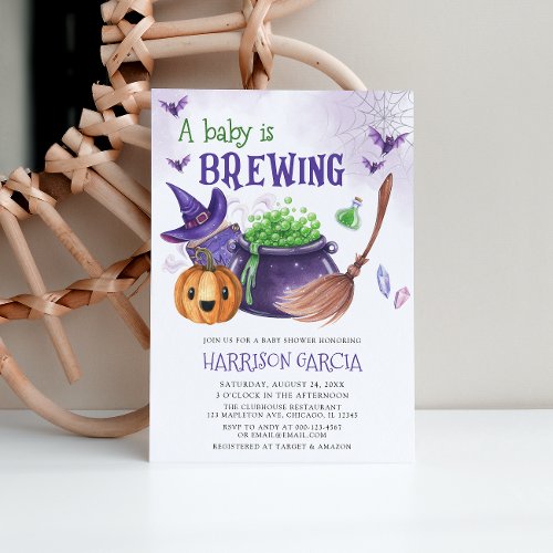 A Baby Is Brewing Witch Halloween Baby Shower Invitation