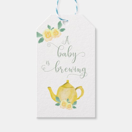 A Baby is Brewing Yellow Floral Teapot Baby Shower Gift Tags