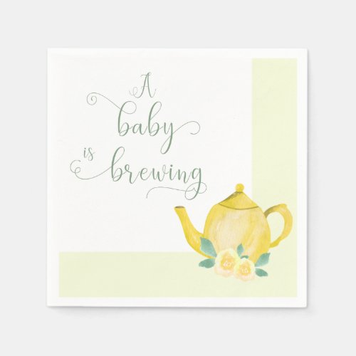 A Baby is Brewing Yellow Teapot Baby Shower Napkins