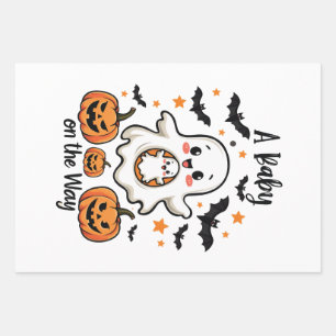 A Baby on the Way Pastel Ghost Pregnancy Halloween Wrapping Paper Sheets