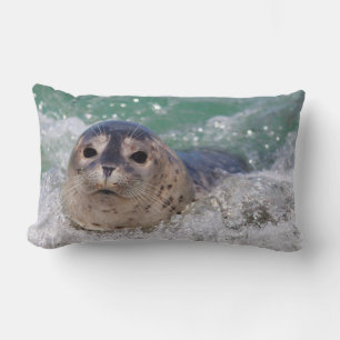 A baby seal surfing lumbar pillow
