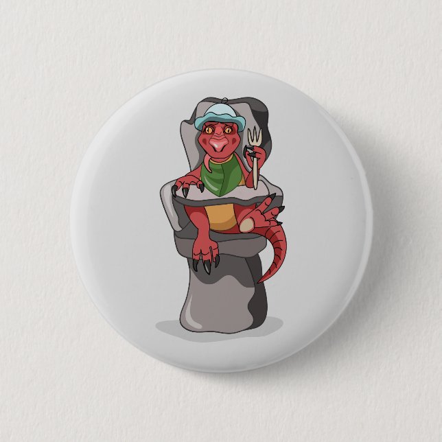 A Baby Tyrannosaurus Rex Sitting In A High Chair. Button (Front)