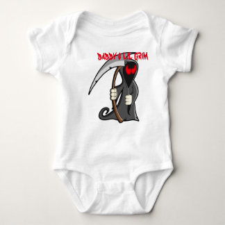a babys vest with a lil grim reaper baby bodysuit