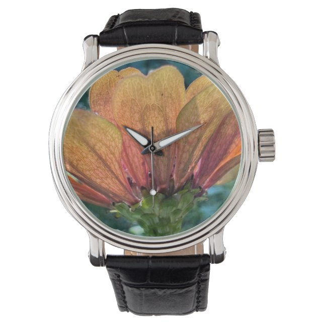 A backlit orange zinnia flower watch (Front)